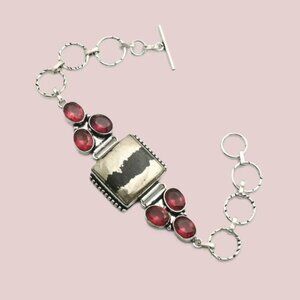 Apache Pyrite Garnet Gemstone Sterling Silver Bracelet 22 Gms